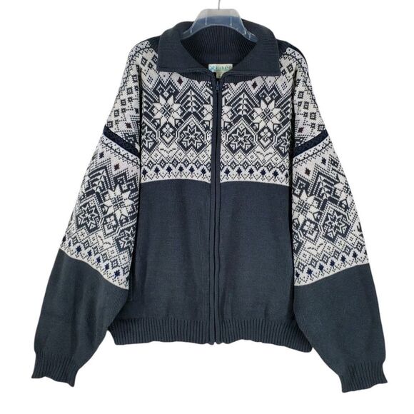Haband Sweater Jacket Zip-Up Fair Isle Cardigan Mens 3XL Green White Grandpacore - Picture 2 of 15